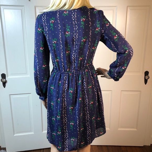 Blue Floral Silk Dress w Ruffles and Tie Neck S/M - Picture 8 of 8